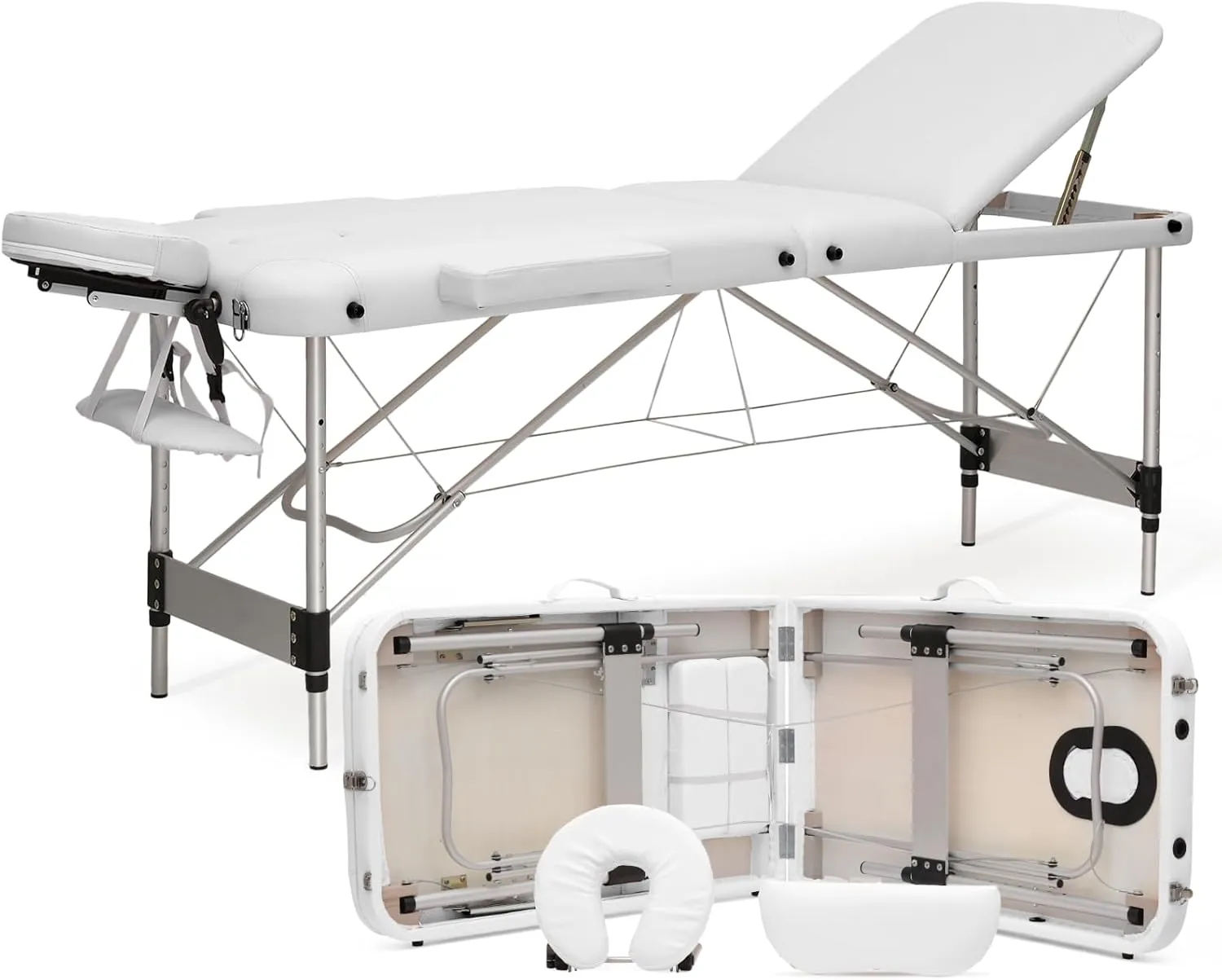 MoNiBloom 3 Fold Portable Massage Table - 82" Height Adjustable SPA Bed w/Carry Case & Aluminum Alloy Frame, White