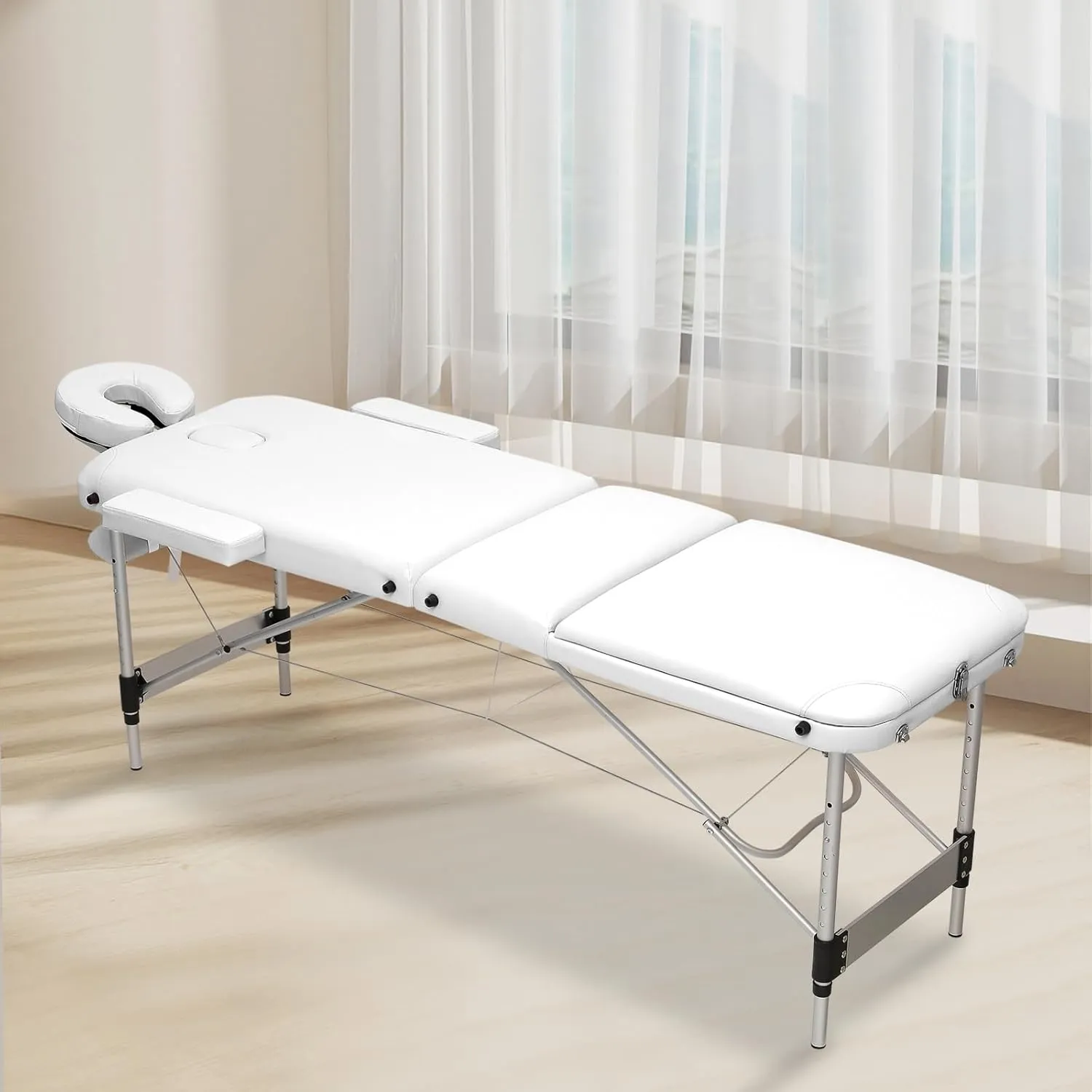 MoNiBloom 3 Fold Portable Massage Table - 82" Height Adjustable SPA Bed w/Carry Case & Aluminum Alloy Frame, White