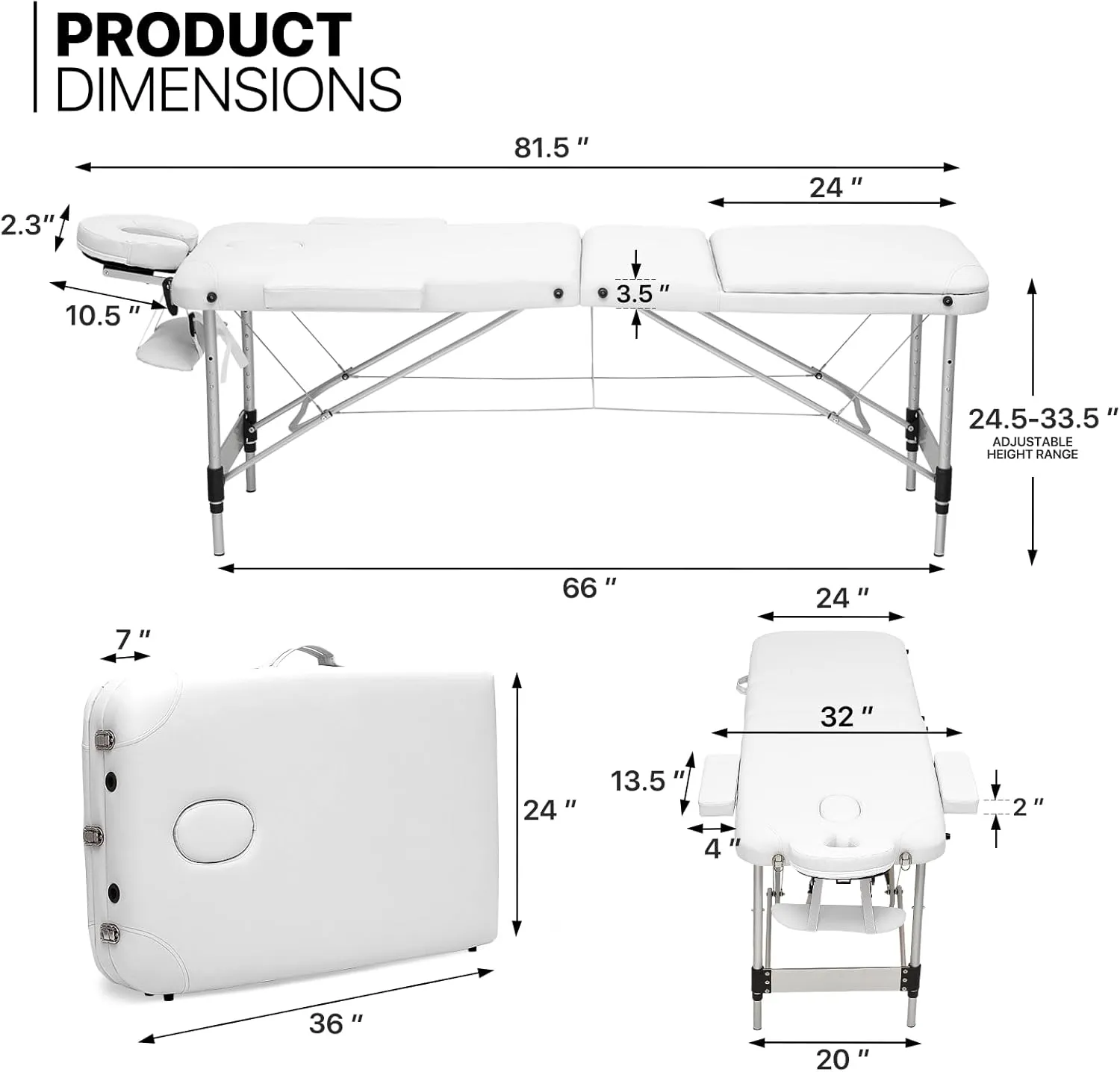 MoNiBloom 3 Fold Portable Massage Table - 82" Height Adjustable SPA Bed w/Carry Case & Aluminum Alloy Frame, White