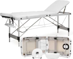 MoNiBloom 3 Fold Portable Massage Table - 82" Height Adjustable SPA Bed w/Carry Case & Aluminum Alloy Frame, White