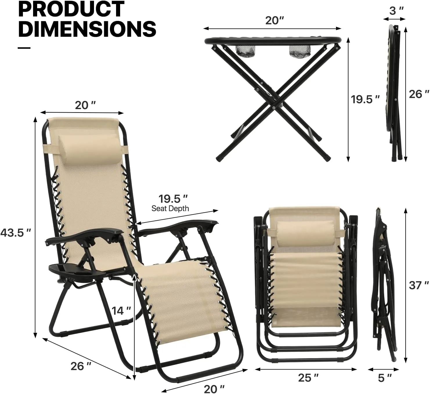 MoNiBloom 3 Pieces Cozy Lounge Chairs Table Set for Outside, Adjustable Folding Zero Gravity Recliners for Patio Beach Pool Yard Camping, 330lbs Capacity - Cream