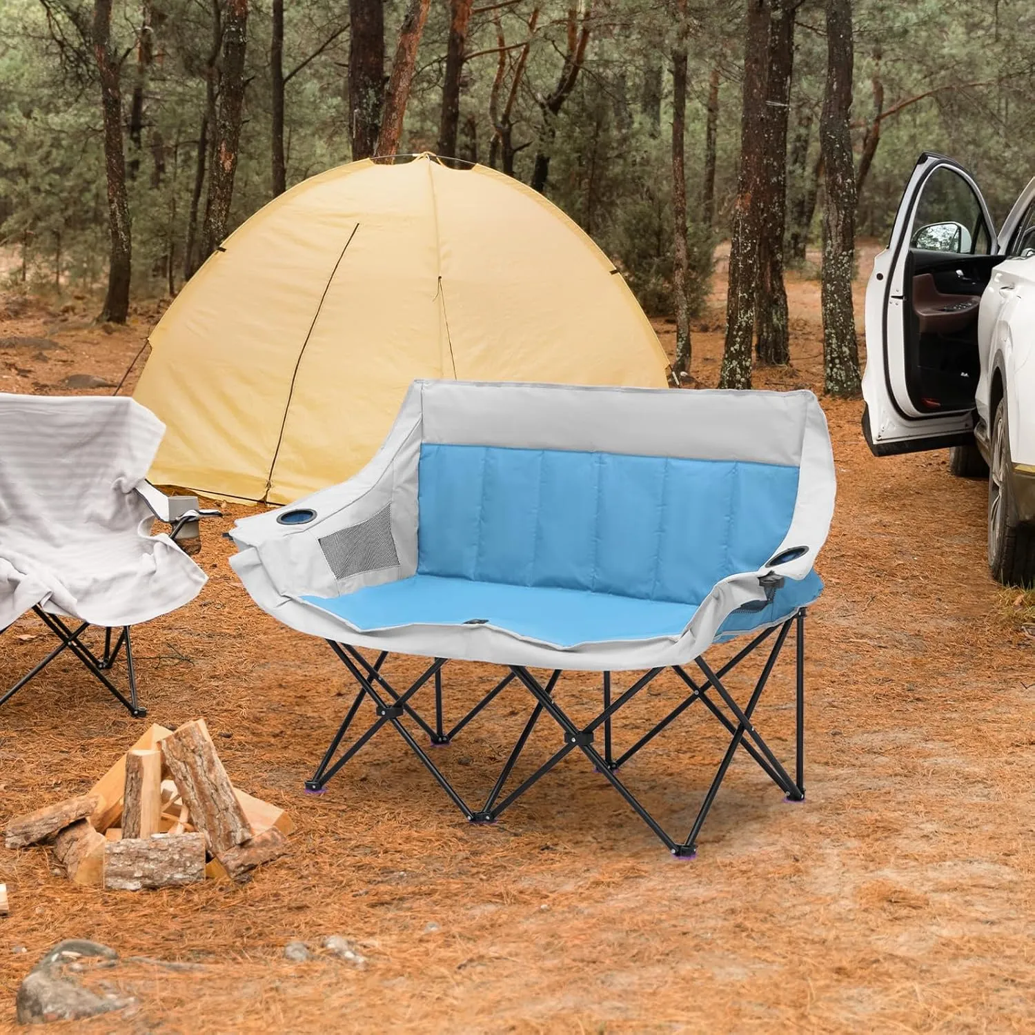 MoNiBloom Collapsible Double Camping Loveseat Chair Outdoor Beach Lawn Picnic Hiking Travel Portable Foldable Collapsible 2-Person Love Seat Camp Chair for Adults (Sky Blue and Light Gray)
