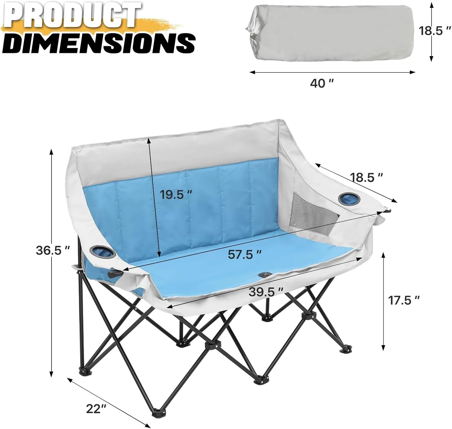 MoNiBloom Collapsible Double Camping Loveseat Chair Outdoor Beach Lawn Picnic Hiking Travel Portable Foldable Collapsible 2-Person Love Seat Camp Chair for Adults (Sky Blue and Light Gray)