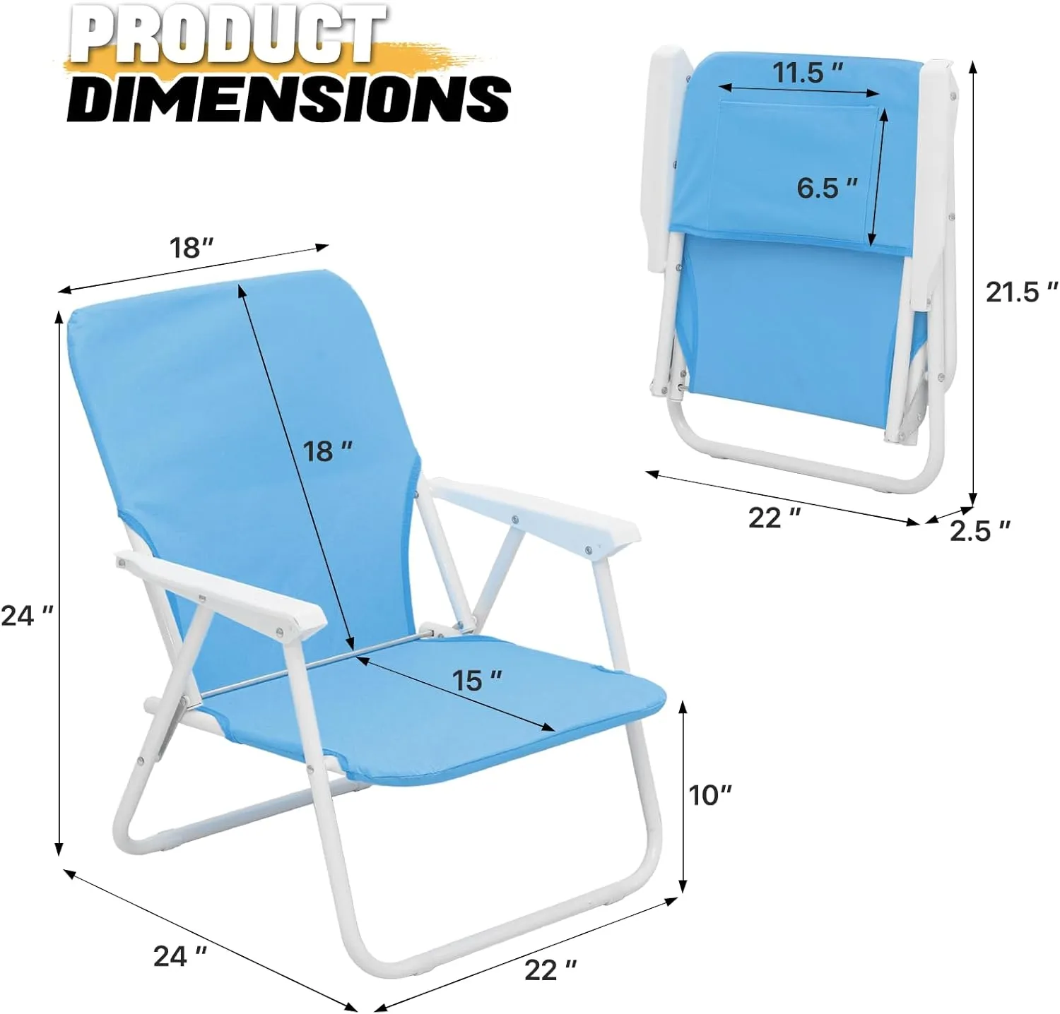 MoNiBloom Portable Folding Low Beach Chair for Outdoor Hiking Travel Lawn Picnic Compact Lightweight Heavy-Duty Camping Chair for Adults with Back Pocket Supports 250-lbs (Sky Blue, 2-Pack)