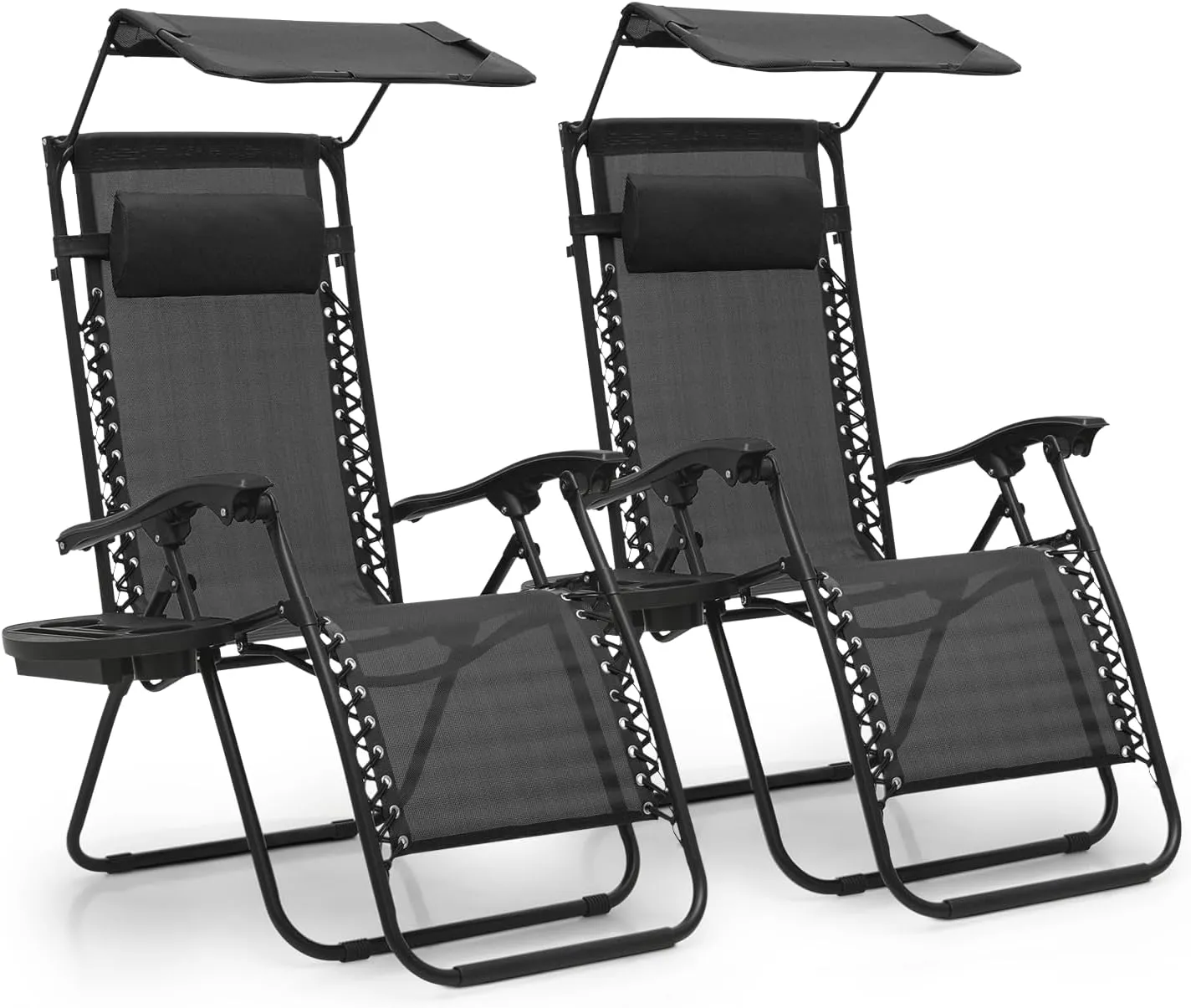 MoNiBloom Zero Gravity Chair Set of 2 with Canopy Shade, Patio Folding Anti Gravity Recliner, Foldable Outdoor Lounger with Cup Holder Tray for Beach Camping, Black
