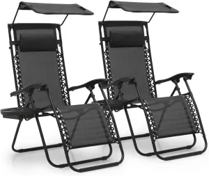 MoNiBloom Zero Gravity Chair Set of 2 with Canopy Shade, Patio Folding Anti Gravity Recliner, Foldable Outdoor Lounger with Cup Holder Tray for Beach Camping, Black