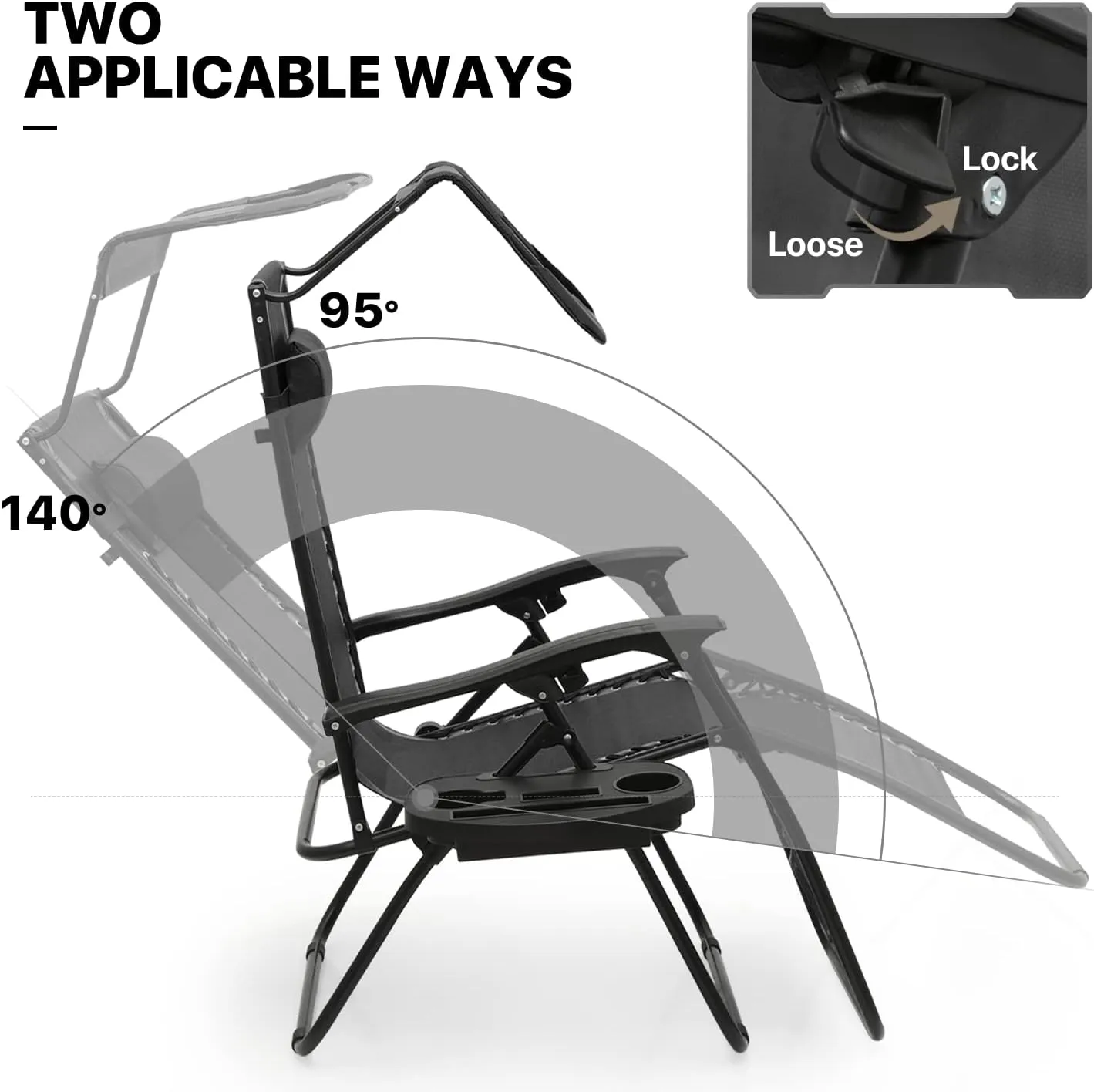 MoNiBloom Zero Gravity Chair Set of 2 with Canopy Shade, Patio Folding Anti Gravity Recliner, Foldable Outdoor Lounger with Cup Holder Tray for Beach Camping, Black