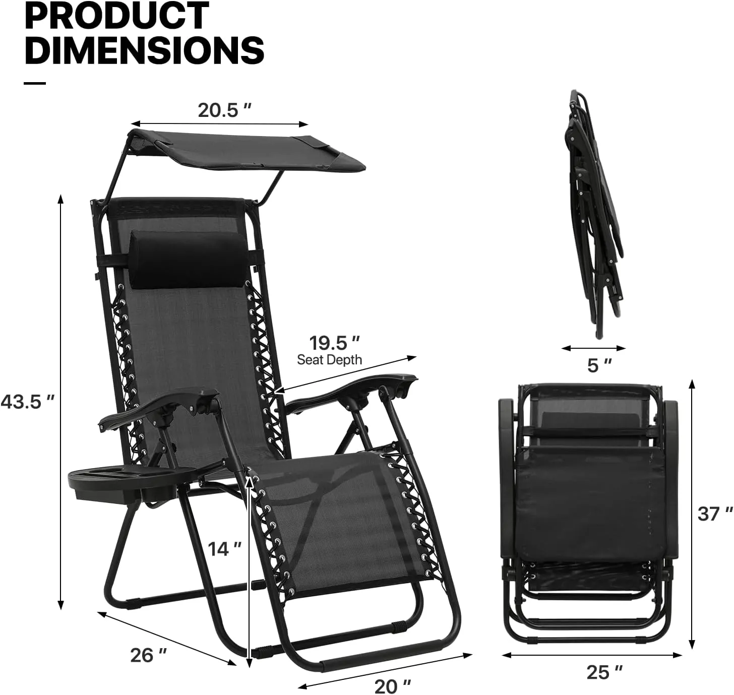 MoNiBloom Zero Gravity Chair Set of 2 with Canopy Shade, Patio Folding Anti Gravity Recliner, Foldable Outdoor Lounger with Cup Holder Tray for Beach Camping, Black