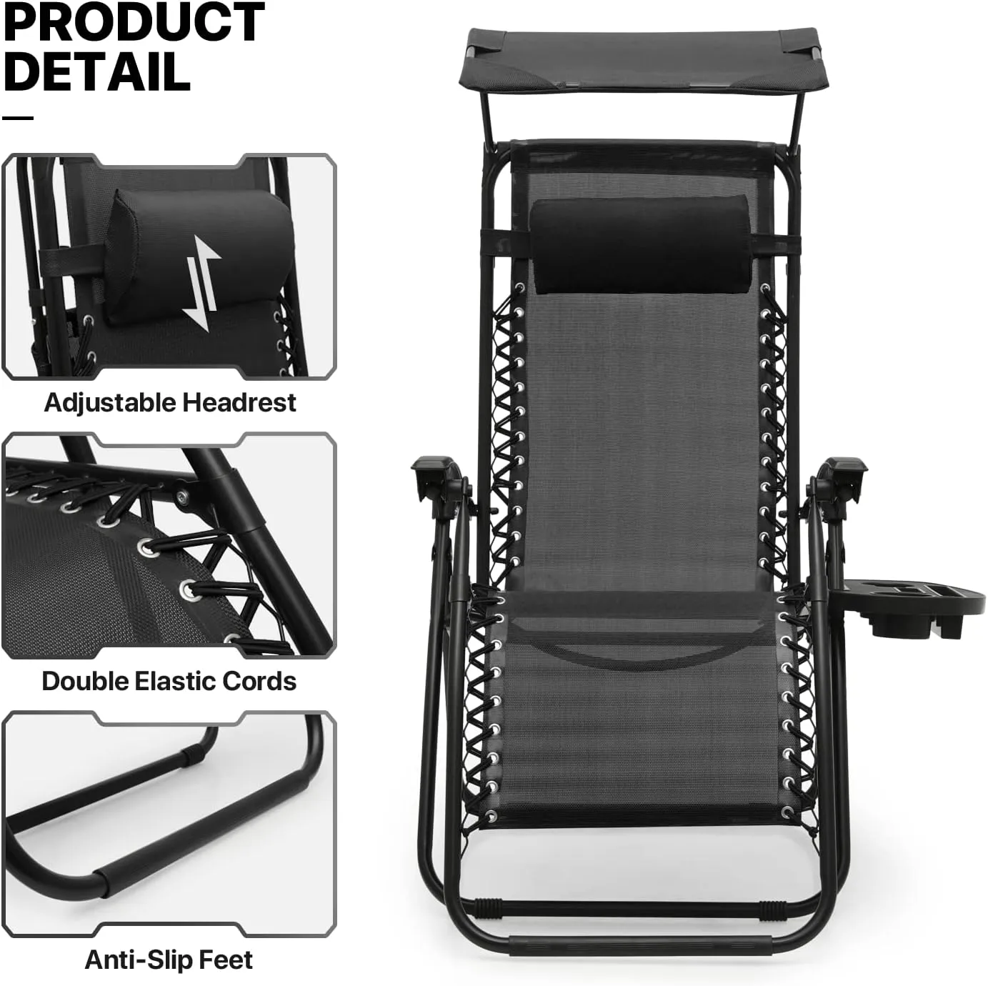 MoNiBloom Zero Gravity Chair Set of 2 with Canopy Shade, Patio Folding Anti Gravity Recliner, Foldable Outdoor Lounger with Cup Holder Tray for Beach Camping, Black
