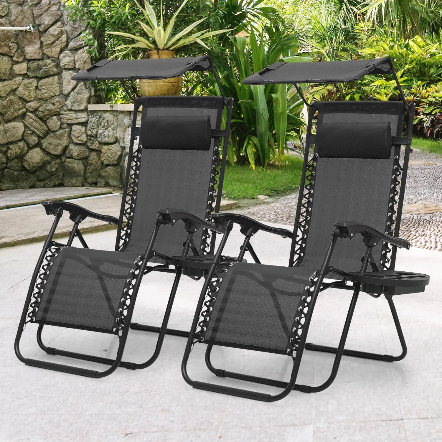 MoNiBloom Zero Gravity Chair Set of 2 with Canopy Shade, Patio Folding Anti Gravity Recliner, Foldable Outdoor Lounger with Cup Holder Tray for Beach Camping, Black