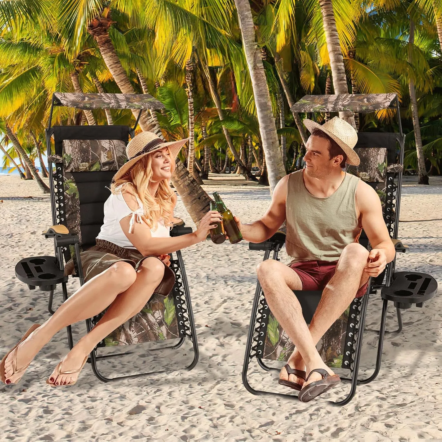 MoNiBloom Zero Gravity Chairs Set of 2, Patio Anti Gravity Recliners with Canopy Shade, Foldable Outdoor Lounger with Cup Holder Tray and Headrest for Beach Camping
