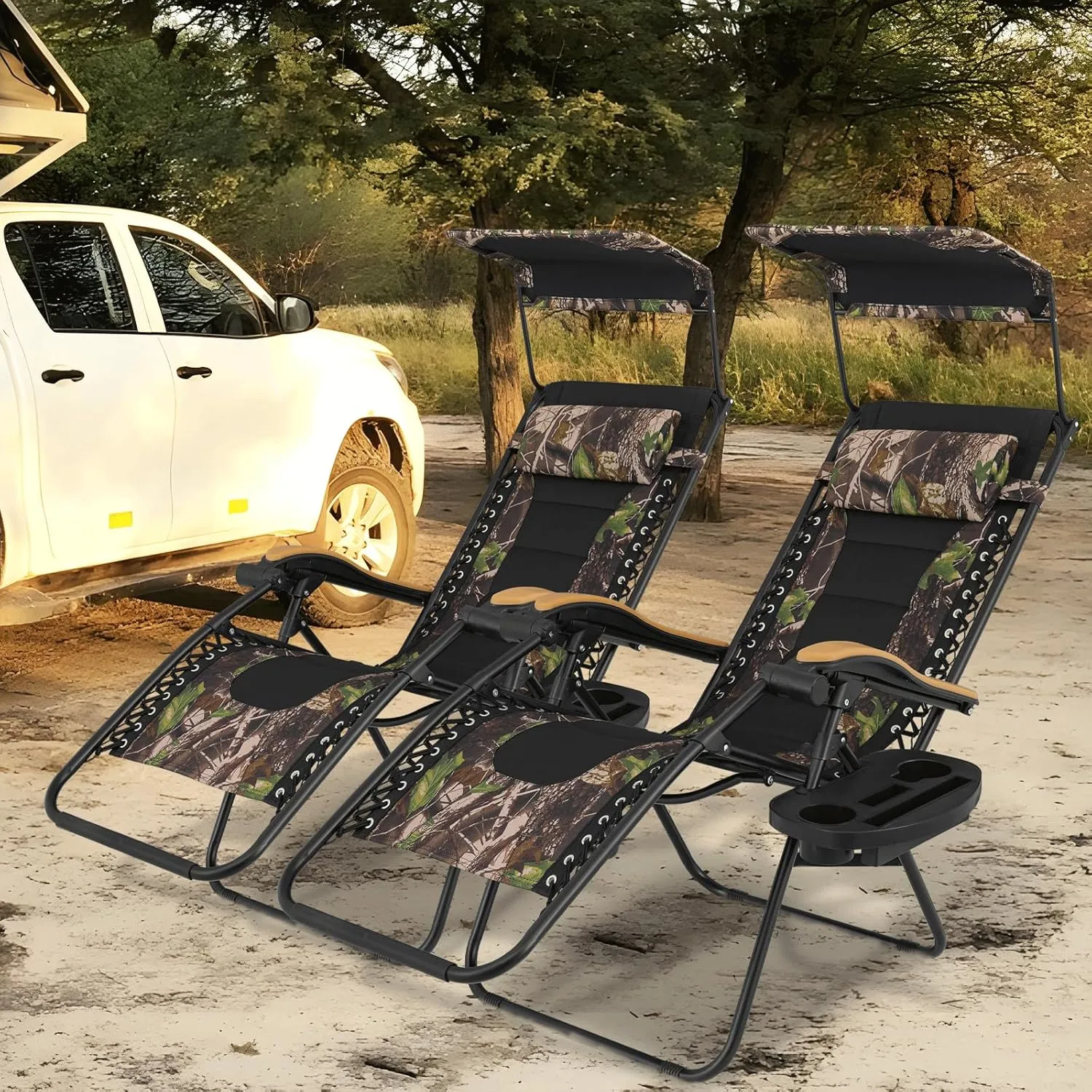 MoNiBloom Zero Gravity Chairs Set of 2, Patio Anti Gravity Recliners with Canopy Shade, Foldable Outdoor Lounger with Cup Holder Tray and Headrest for Beach Camping