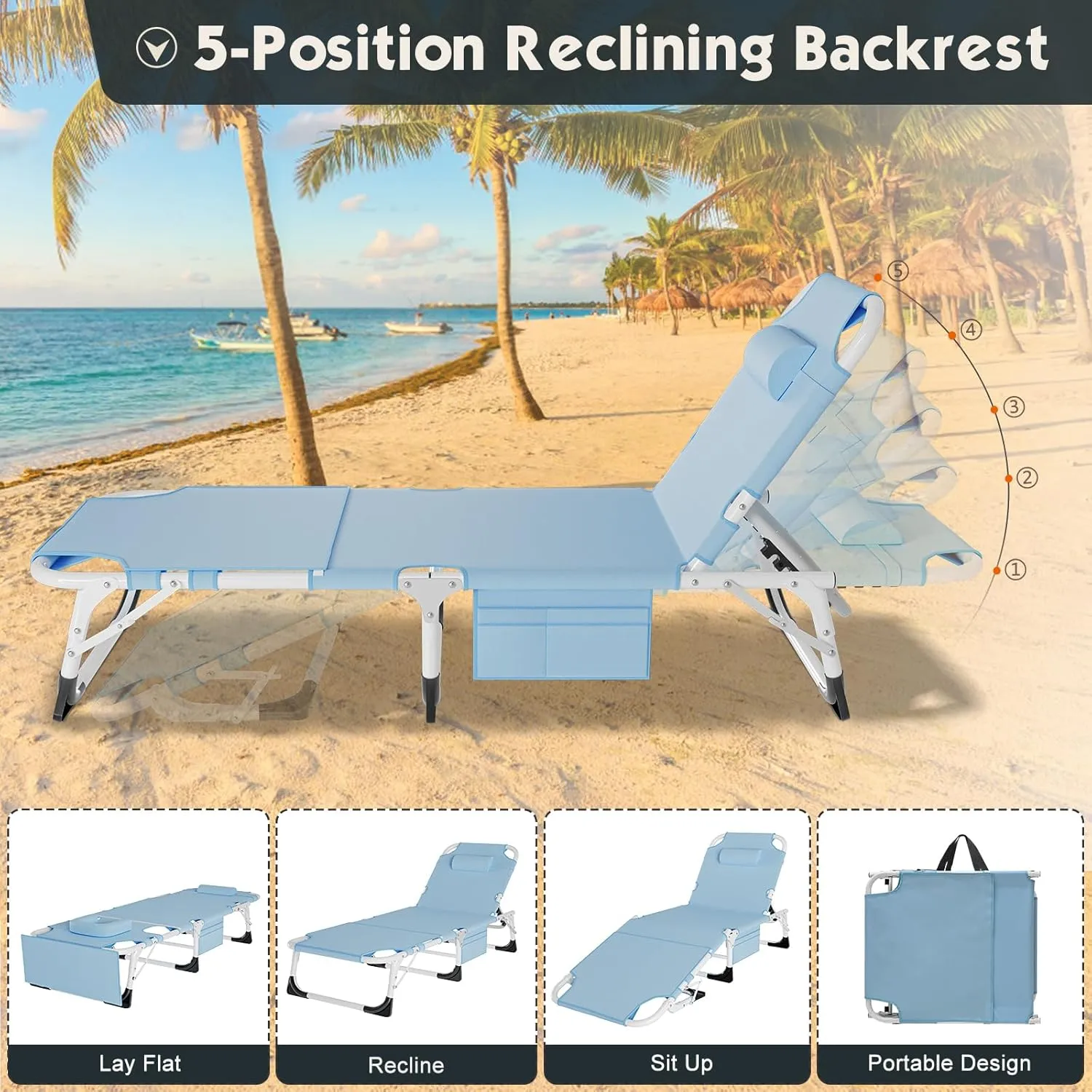 MOPHOTO Tanning Lounge Chair 5-Position, Outdoor Sunbathing Chairs Folding Chaise Lounge, Sun Tanning Lounger with Face Hole, Perfect for Pool Beach Patio Sunbathing