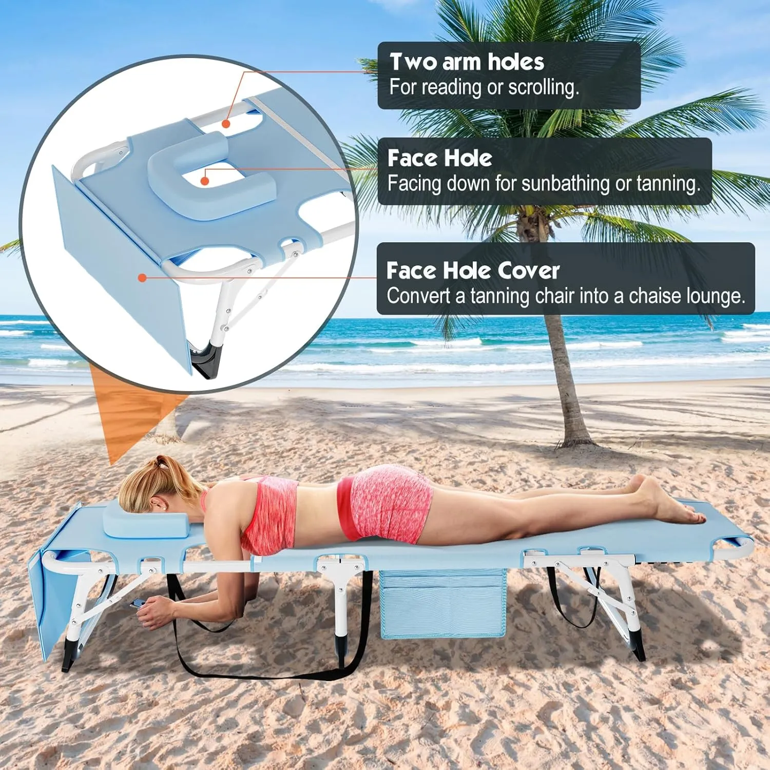MOPHOTO Tanning Lounge Chair 5-Position, Outdoor Sunbathing Chairs Folding Chaise Lounge, Sun Tanning Lounger with Face Hole, Perfect for Pool Beach Patio Sunbathing