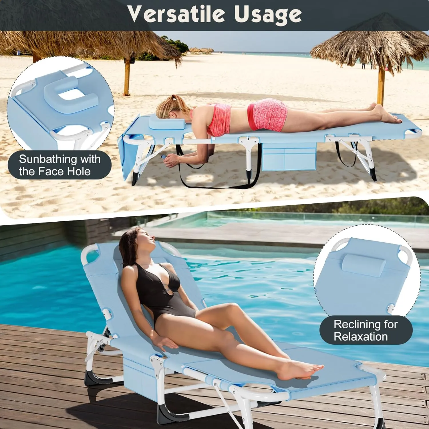 MOPHOTO Tanning Lounge Chair 5-Position, Outdoor Sunbathing Chairs Folding Chaise Lounge, Sun Tanning Lounger with Face Hole, Perfect for Pool Beach Patio Sunbathing