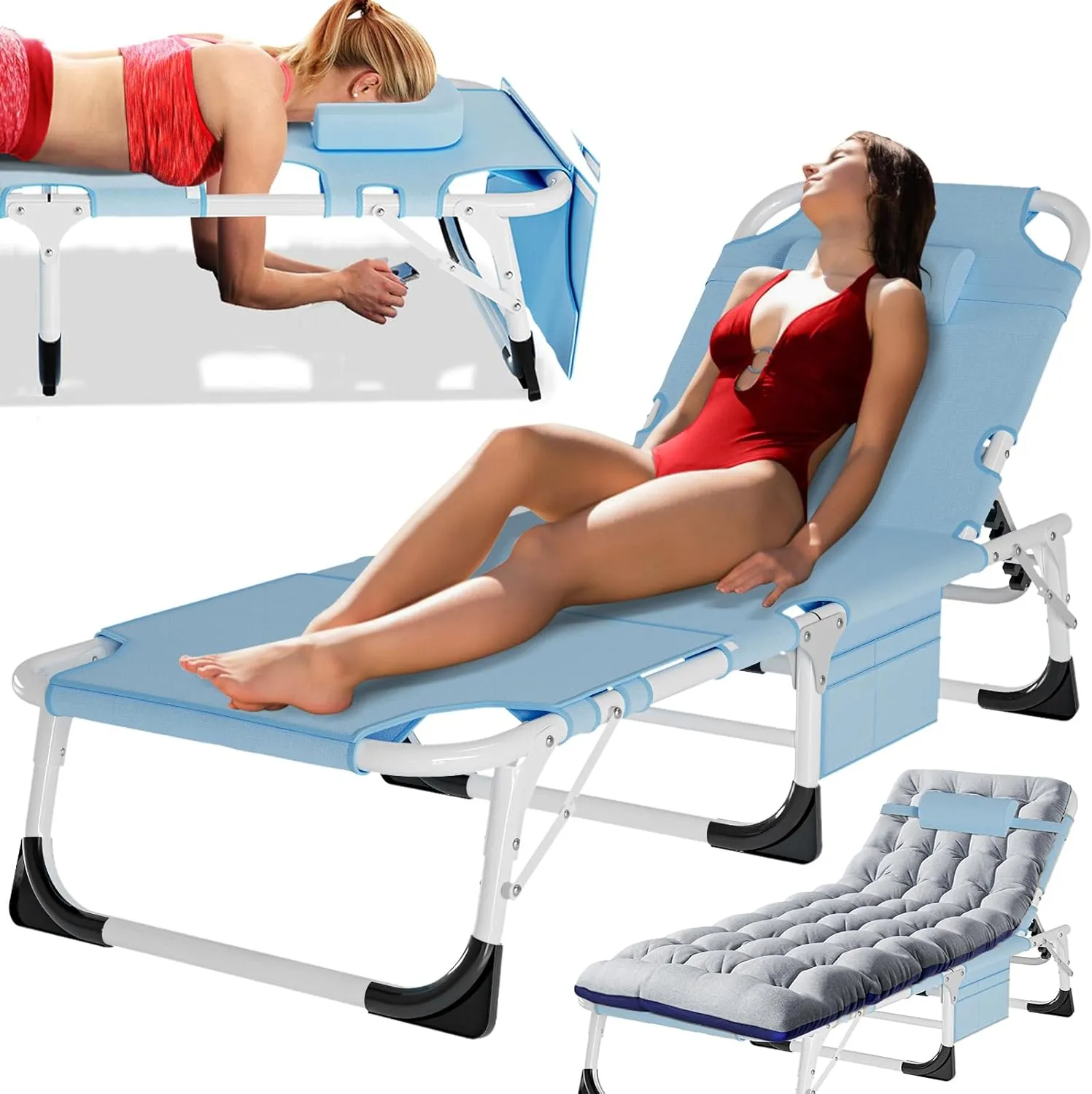 MOPHOTO Tanning Lounge Chair 5-Position, Outdoor Sunbathing Chairs Folding Chaise Lounge, Sun Tanning Lounger with Face Hole, Perfect for Pool Beach Patio Sunbathing