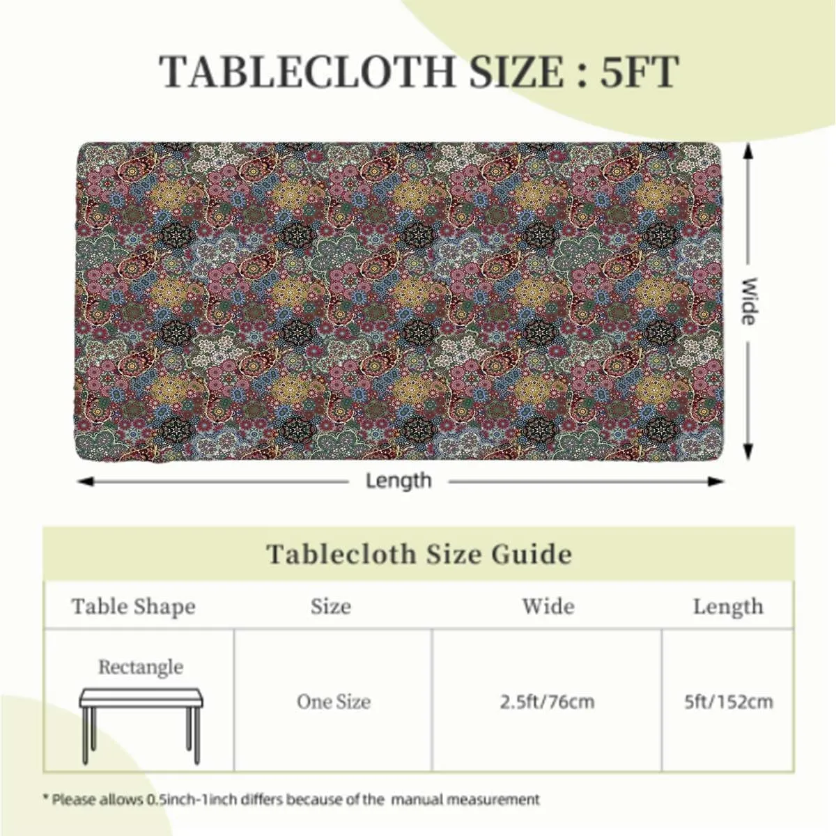 Multicolor Folding Table Cover Paisley Motif Oriental Feminine Cultural Eastern Polyester Fitted Waterproof Outdoor Tablecloth Batik Fits up 5 Foot Tables