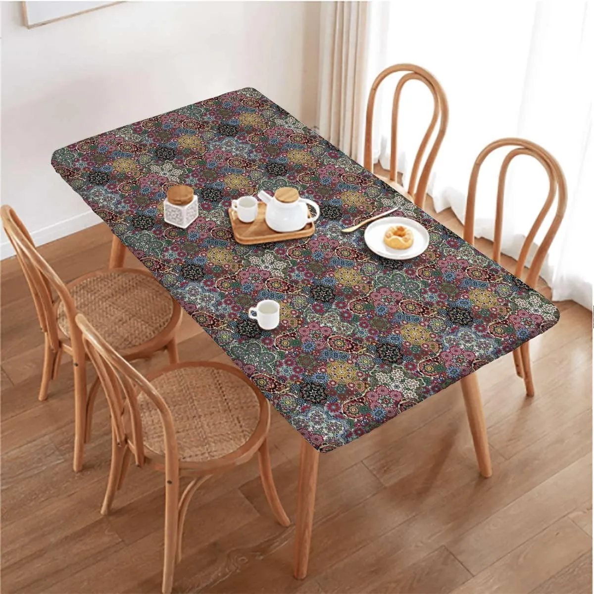 Multicolor Folding Table Cover Paisley Motif Oriental Feminine Cultural Eastern Polyester Fitted Waterproof Outdoor Tablecloth Batik Fits up 5 Foot Tables