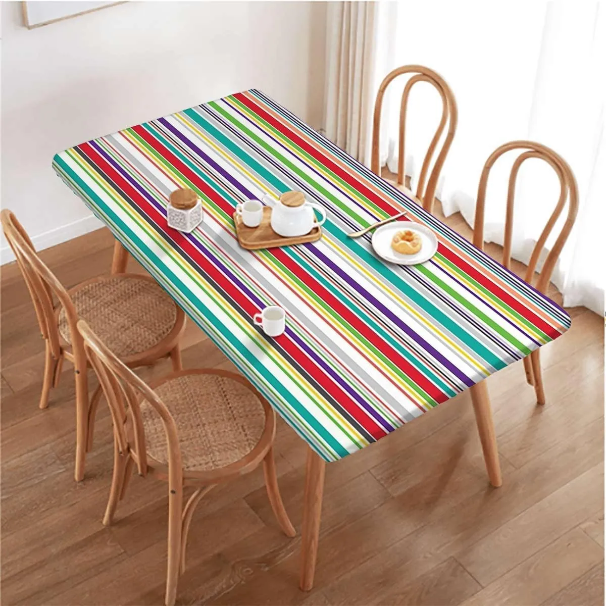 Multicolor Rectangle Elastic Fitted Tablecloth Colorful Horizontal Stripes and Lines Fitted Rectangular Table Cloth with Elastic Rim Abstract Fits up 5 Foot Tables