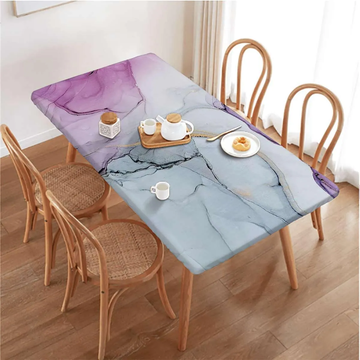 Multicolor Tablecloth for Folding Table Cloudy Hazy Crack Lines Dining Room Table- Machine Washable Table Cover Protector Blue Purple Marble Fits up 4 Foot Tables