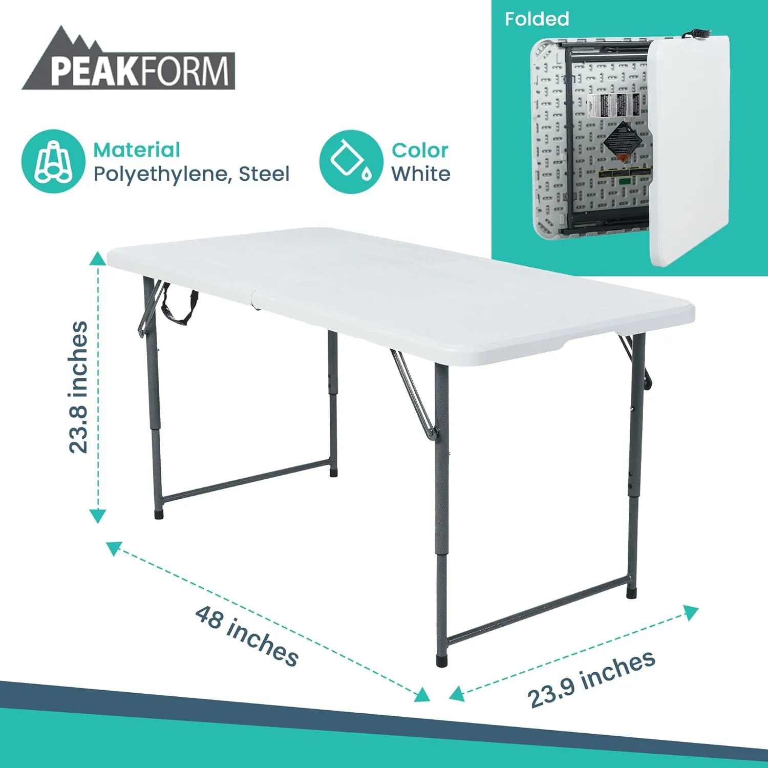 Multipurpose Banquet Fold-in-Half Table Lightweight Durable Desk with Secure Base for Indoor and Outdoor Events, 4 Foot, White