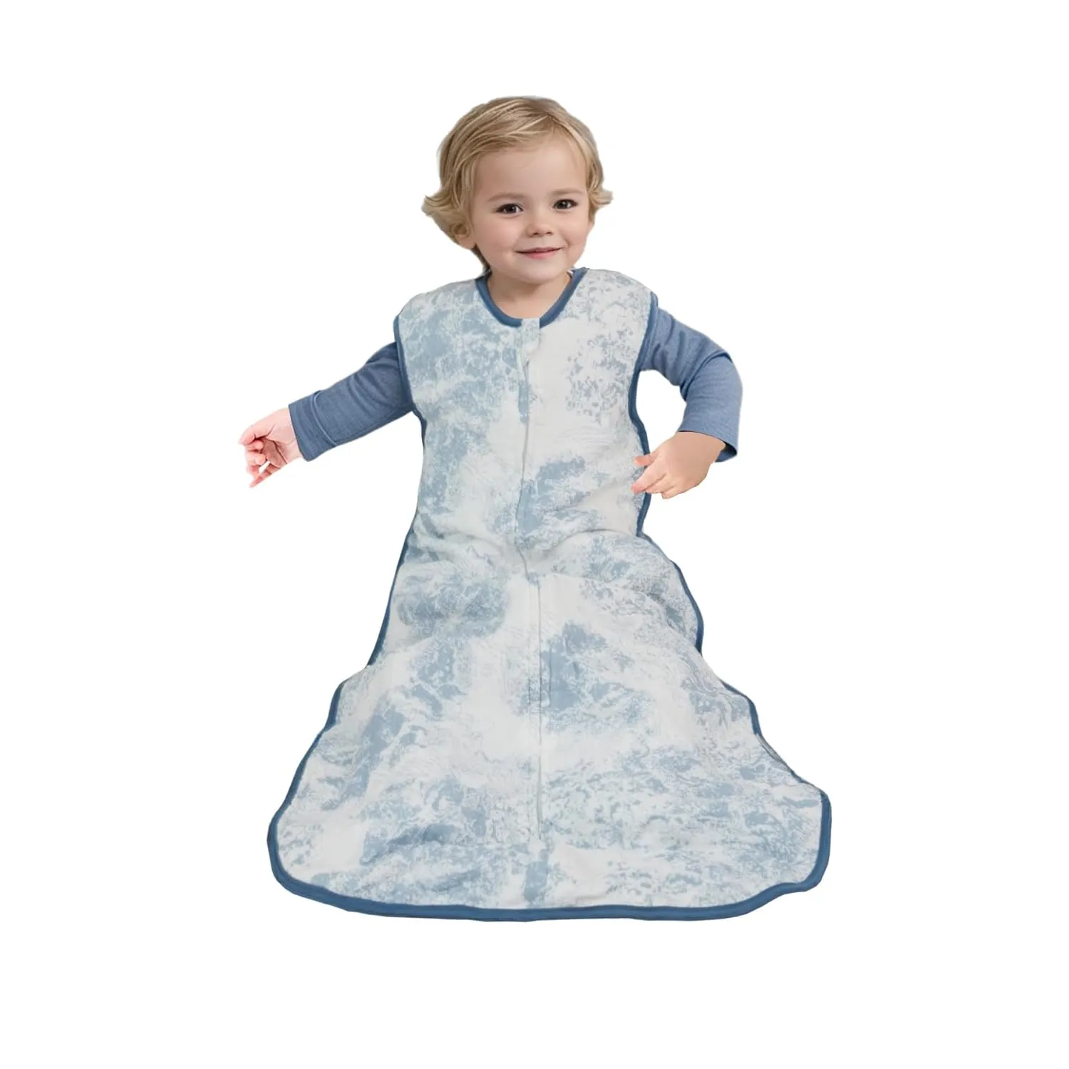 Muslin Toddler Sleep Sack 3-5T, Breathable 0.5 TOG Cotton Wearable Blanket for Kids, Lightweight Sleeveless Blue Baby Sleeping Bag with 4-Layer Front & 2-Layer Back, All Season Soft Sleep Sack