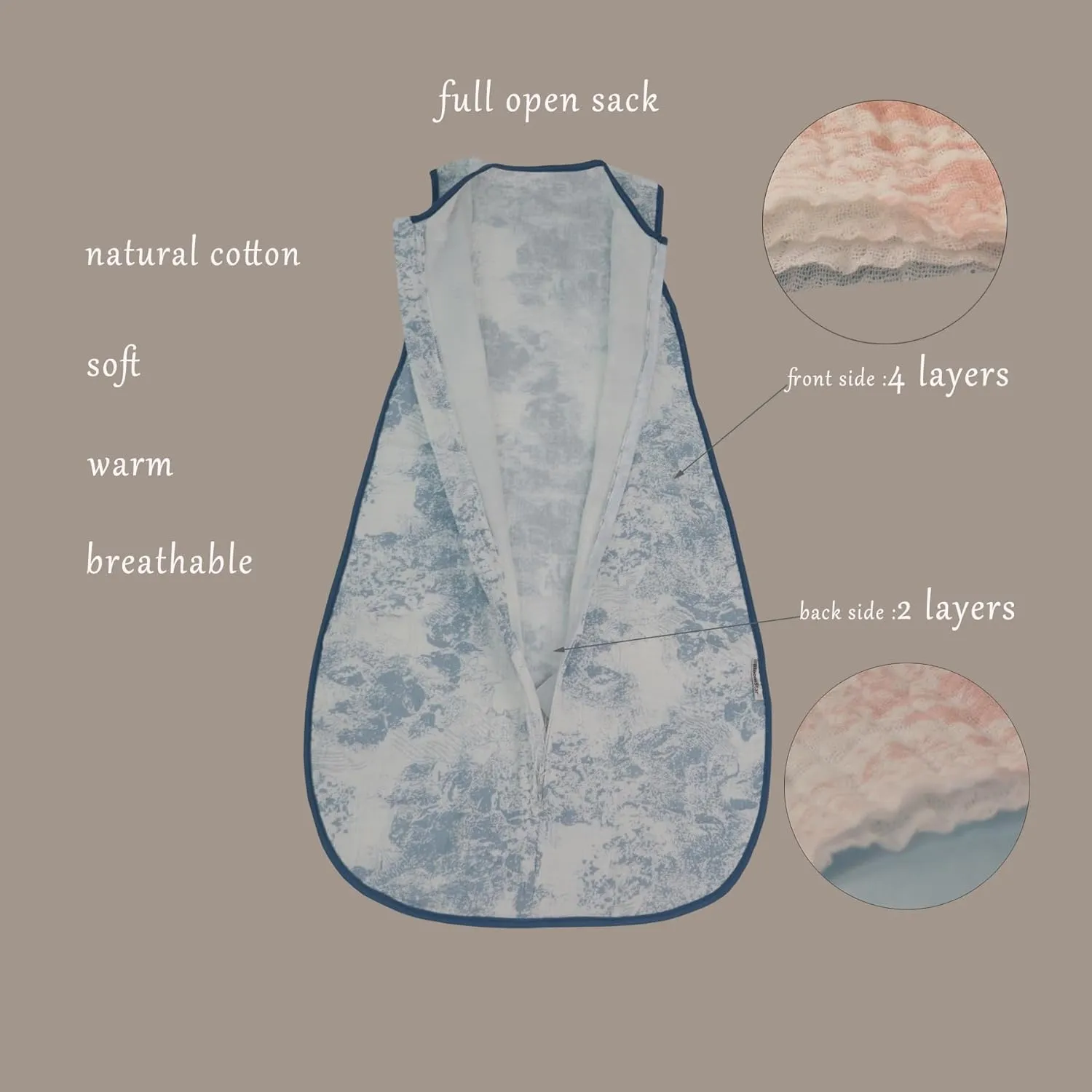 Muslin Toddler Sleep Sack 3-5T, Breathable 0.5 TOG Cotton Wearable Blanket for Kids, Lightweight Sleeveless Blue Baby Sleeping Bag with 4-Layer Front & 2-Layer Back, All Season Soft Sleep Sack