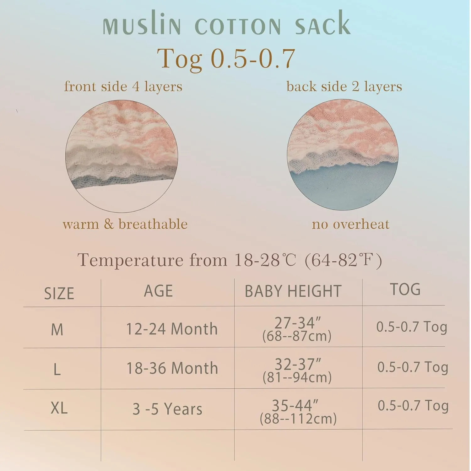 Muslin Toddler Sleep Sack 3-5T, Breathable 0.5 TOG Cotton Wearable Blanket for Kids, Lightweight Sleeveless Blue Baby Sleeping Bag with 4-Layer Front & 2-Layer Back, All Season Soft Sleep Sack