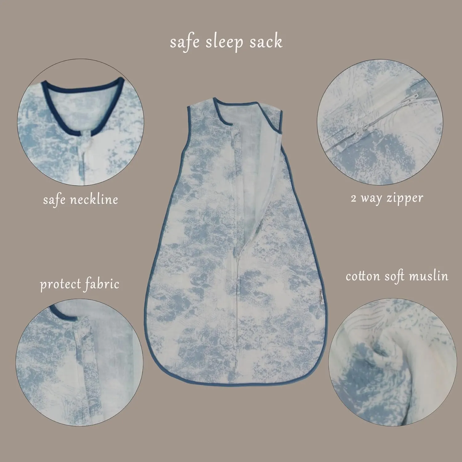 Muslin Toddler Sleep Sack 3-5T, Breathable 0.5 TOG Cotton Wearable Blanket for Kids, Lightweight Sleeveless Blue Baby Sleeping Bag with 4-Layer Front & 2-Layer Back, All Season Soft Sleep Sack