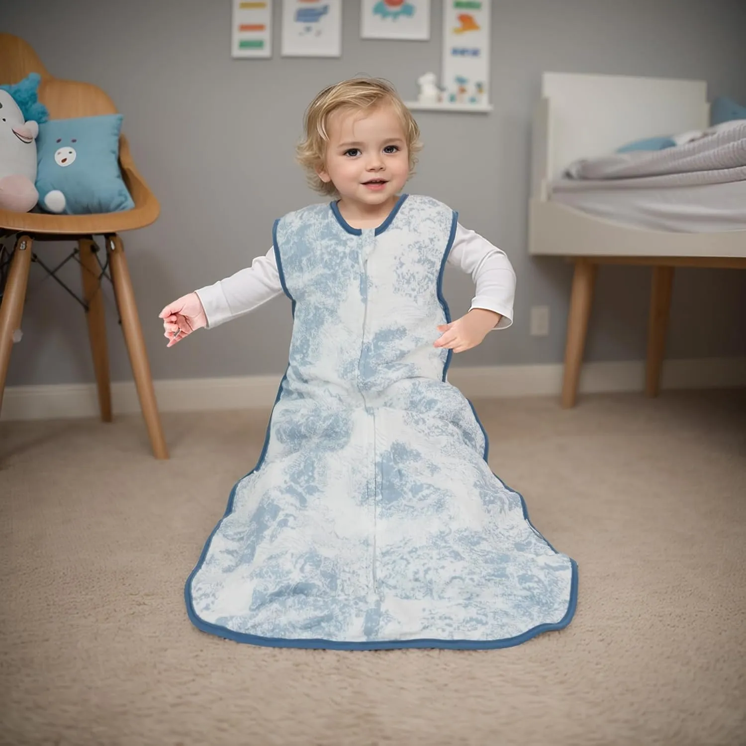 Muslin Toddler Sleep Sack 3-5T, Breathable 0.5 TOG Cotton Wearable Blanket for Kids, Lightweight Sleeveless Blue Baby Sleeping Bag with 4-Layer Front & 2-Layer Back, All Season Soft Sleep Sack