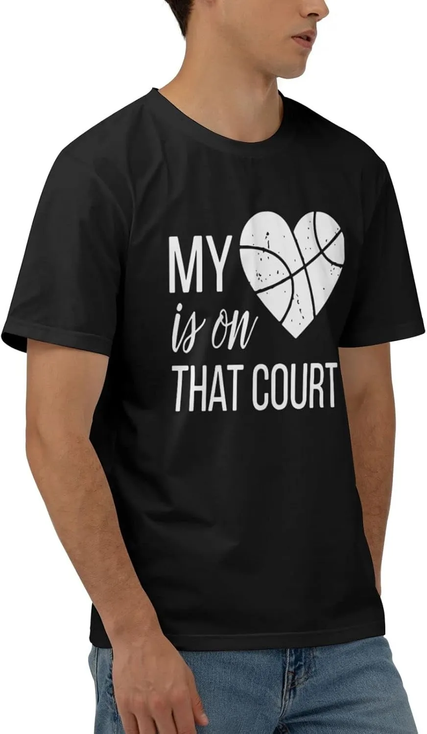 My Heart is On That Court Basketball Men's Short Sleeve T-Shirt Cotton Athletic Workout Casual Shirts Quick-Drying Tees Black