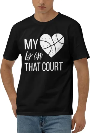 My Heart is On That Court Basketball Men's Short Sleeve T-Shirt Cotton Athletic Workout Casual Shirts Quick-Drying Tees Black