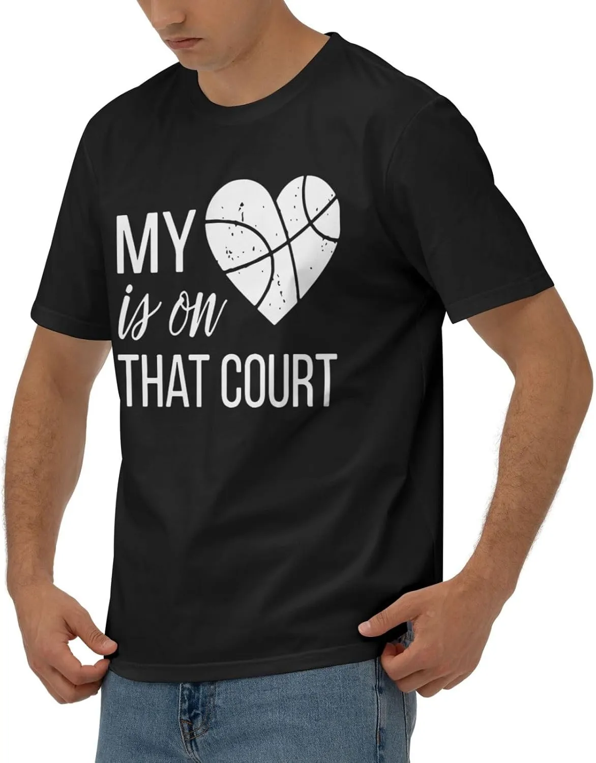 My Heart is On That Court Basketball Men's Short Sleeve T-Shirt Cotton Athletic Workout Casual Shirts Quick-Drying Tees Black