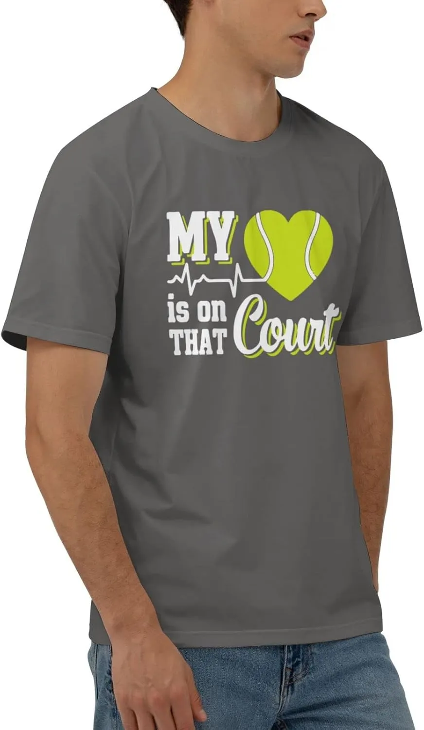 My Heart is On That Court Tennis Men's Short Sleeve T-Shirt Cotton Athletic Workout Casual Shirts Quick-Drying Tees Black