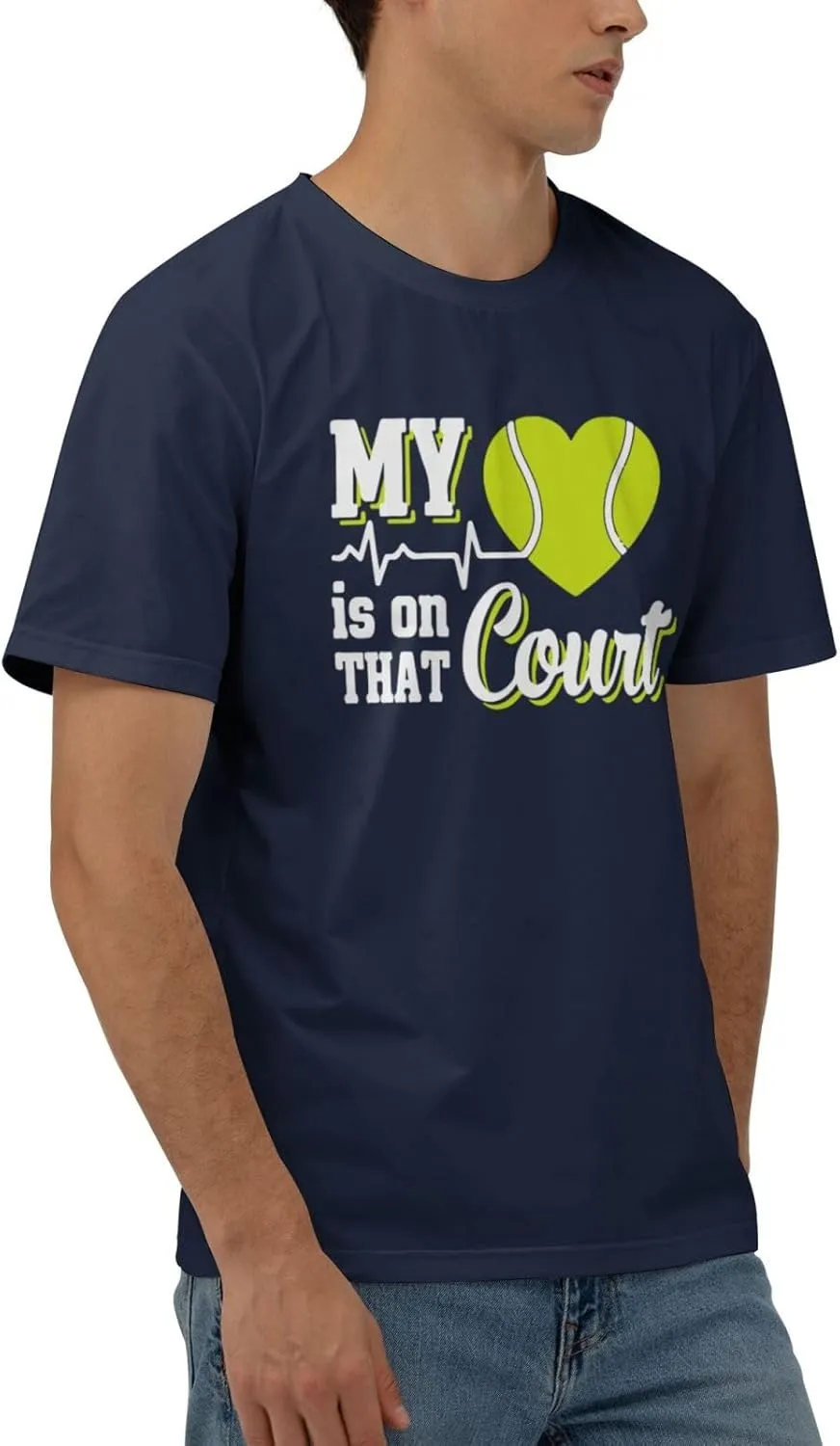 My Heart is On That Court Tennis Men's Short Sleeve T-Shirt Cotton Athletic Workout Casual Shirts Quick-Drying Tees Black