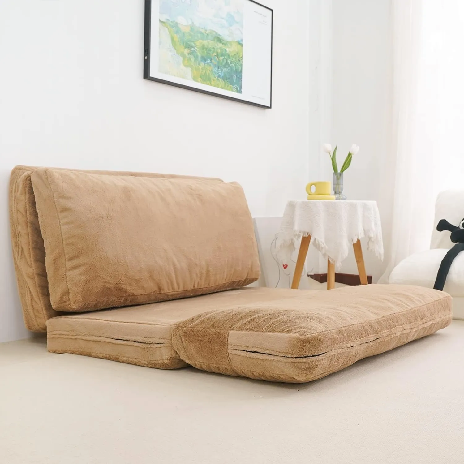 N&V Folding Matress Sofa Bean Bag Bed, Foam Filling Folding Matress Sofa, Includes Removable and Machine Washable Cover, Soft Premium Faux Fur (Medium, Brown)