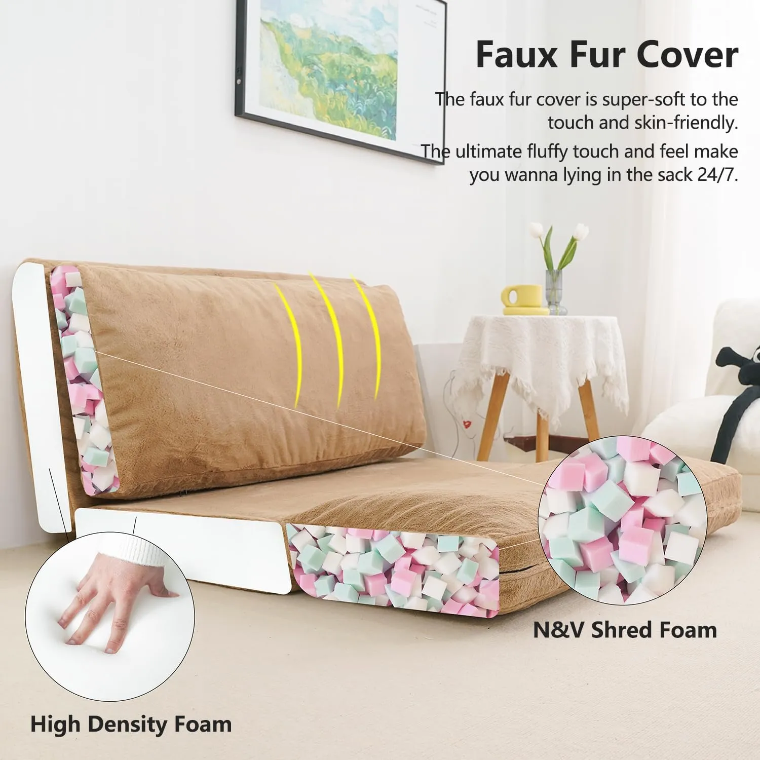 N&V Folding Matress Sofa Bean Bag Bed, Foam Filling Folding Matress Sofa, Includes Removable and Machine Washable Cover, Soft Premium Faux Fur (Medium, Brown)