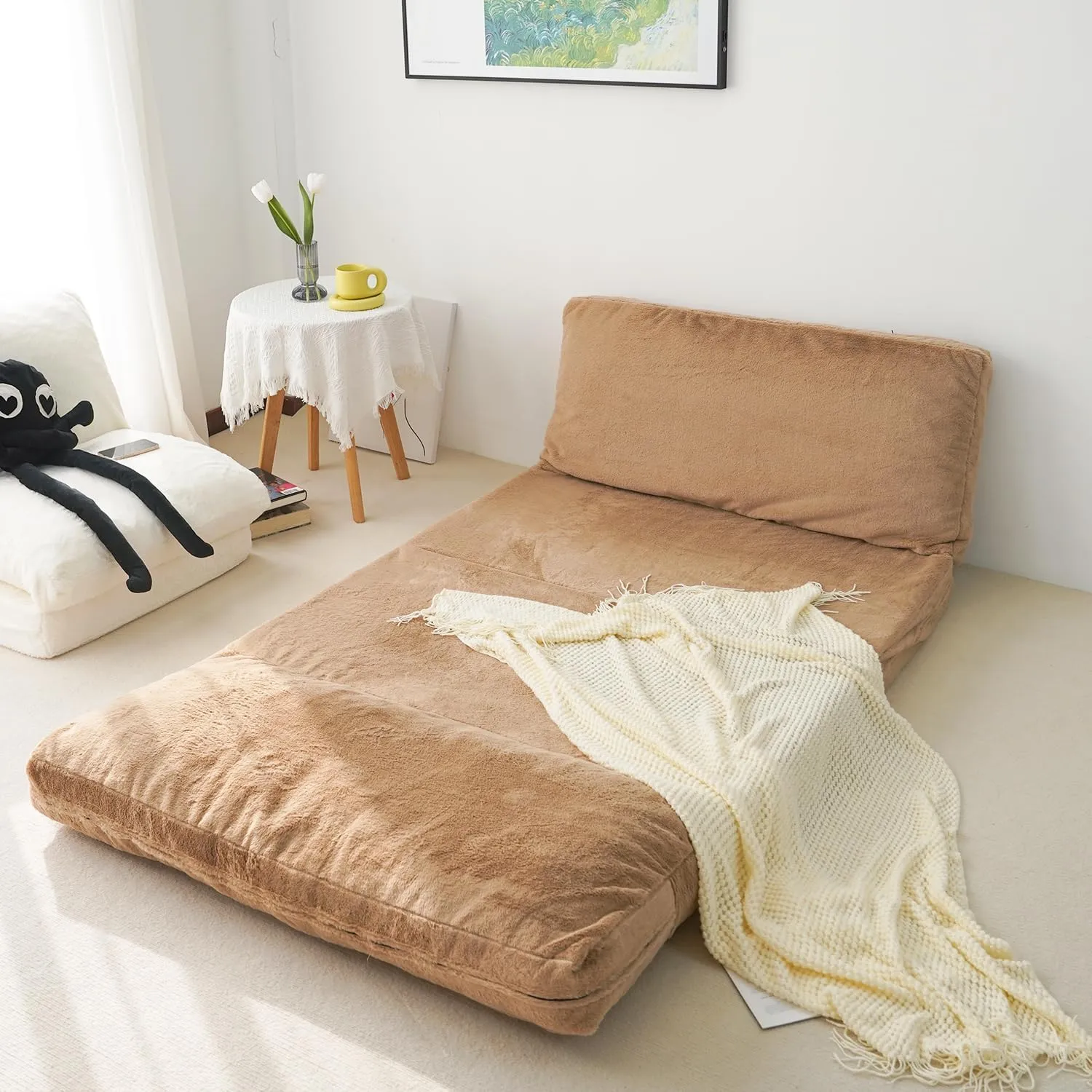N&V Folding Matress Sofa Bean Bag Bed, Foam Filling Folding Matress Sofa, Includes Removable and Machine Washable Cover, Soft Premium Faux Fur (Medium, Brown)