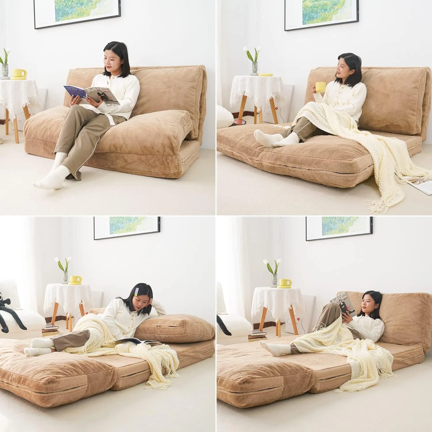N&V Folding Matress Sofa Bean Bag Bed, Foam Filling Folding Matress Sofa, Includes Removable and Machine Washable Cover, Soft Premium Faux Fur (Medium, Brown)