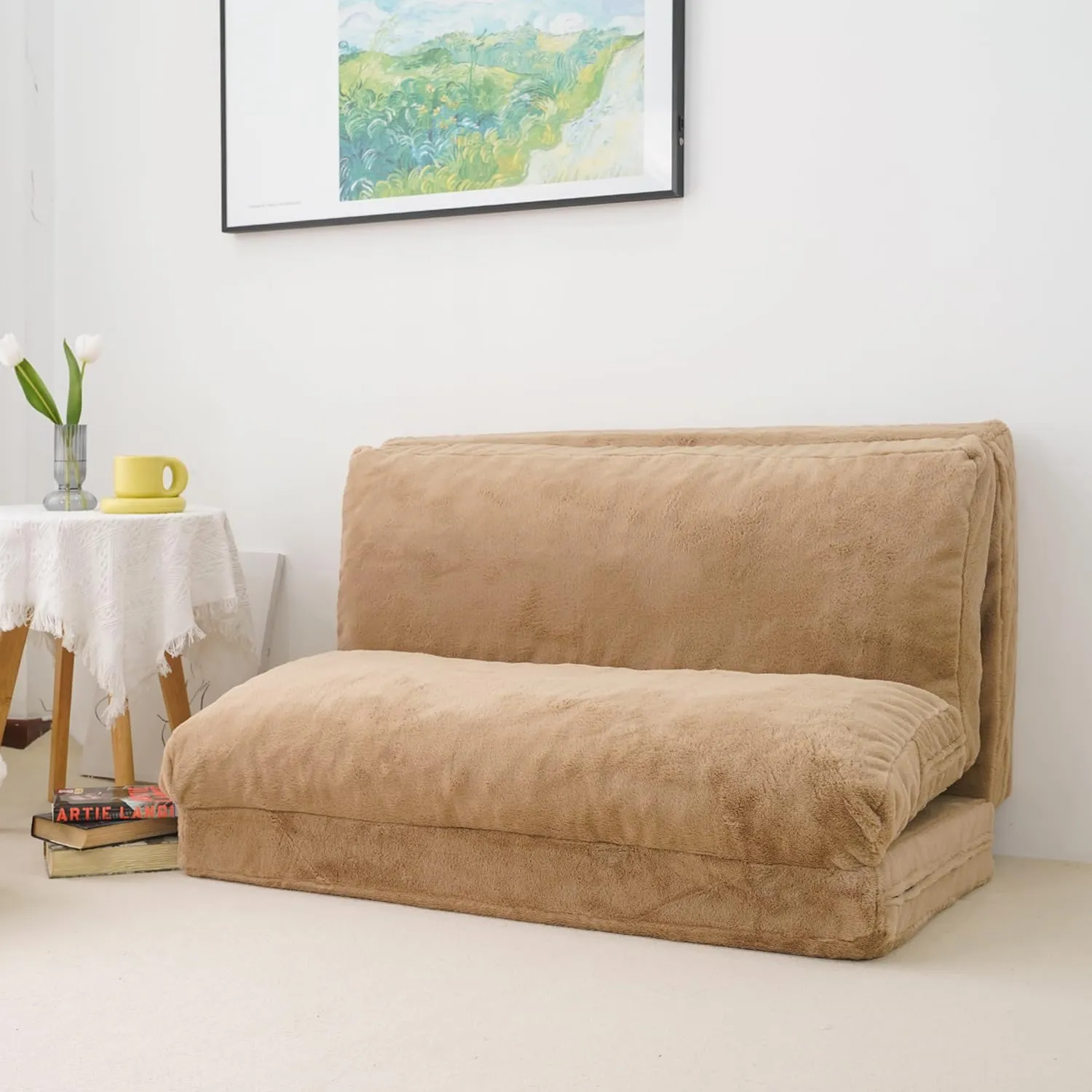N&V Folding Matress Sofa Bean Bag Bed, Foam Filling Folding Matress Sofa, Includes Removable and Machine Washable Cover, Soft Premium Faux Fur (Medium, Brown)