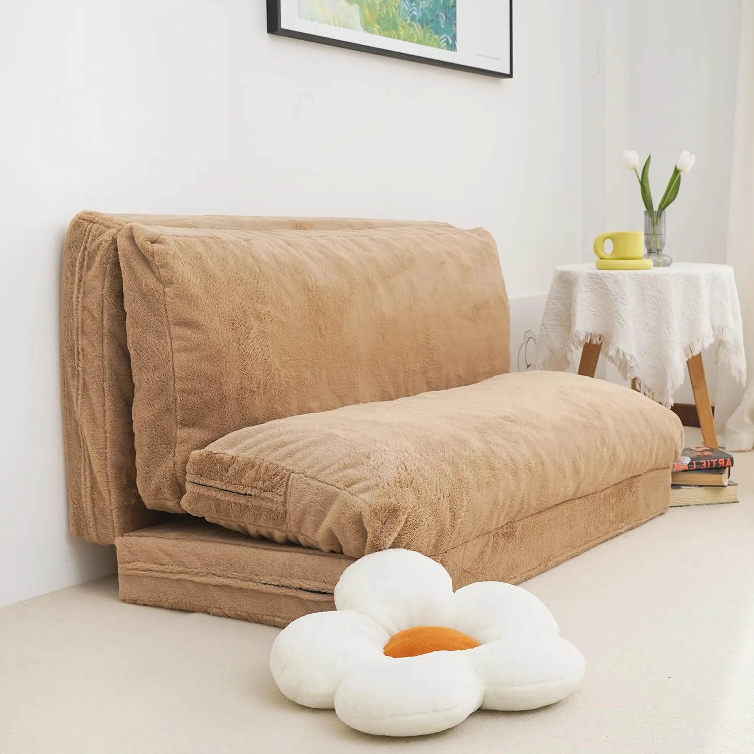 N&V Folding Matress Sofa Bean Bag Bed, Foam Filling Folding Matress Sofa, Includes Removable and Machine Washable Cover, Soft Premium Faux Fur (Medium, Brown)