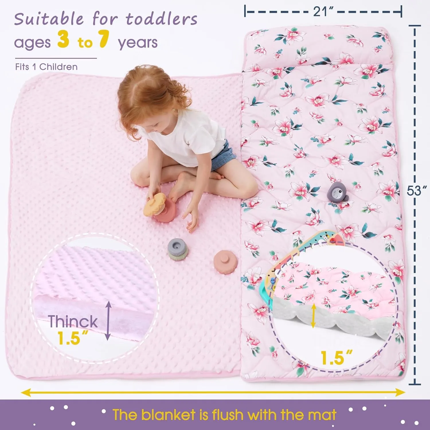 Nap Mat with Pillow Blanket Set: Sleeping Mats for Toddler Kids - Thick Large Roll up Slumber Bag for Daycare Preschool Kindergarten Boys Girls