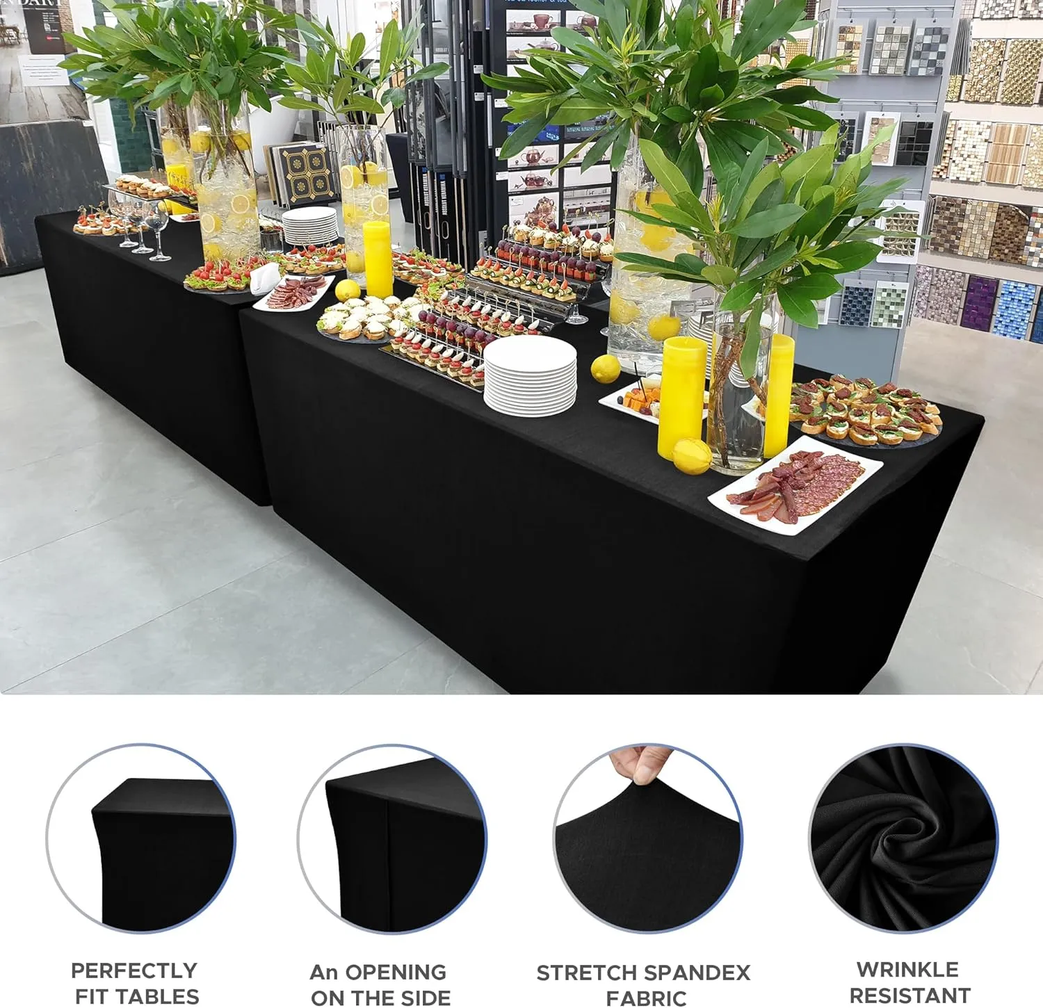 Nasitos Black Fitted Table Covers for 6 Foot Tables - 72 x 30 Inch - 6 Pack Stretch Spandex Rectangle Table Clothes, Polyester Fabric Tablecloths for Parties, Trade Show, Craft Show, Banquet