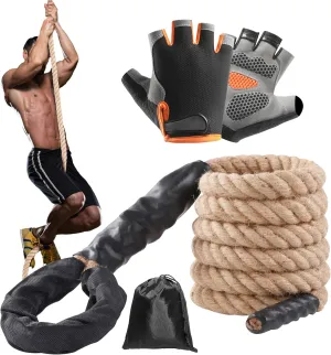 Natural Jute Gym Climbing Rope, 1.5" Diameter Home Workout Exercise Rope with Knotted Loop & Heat Shrink Cover, Indoor Outdoor Fitness & Strength Training Rope for Adult, Child