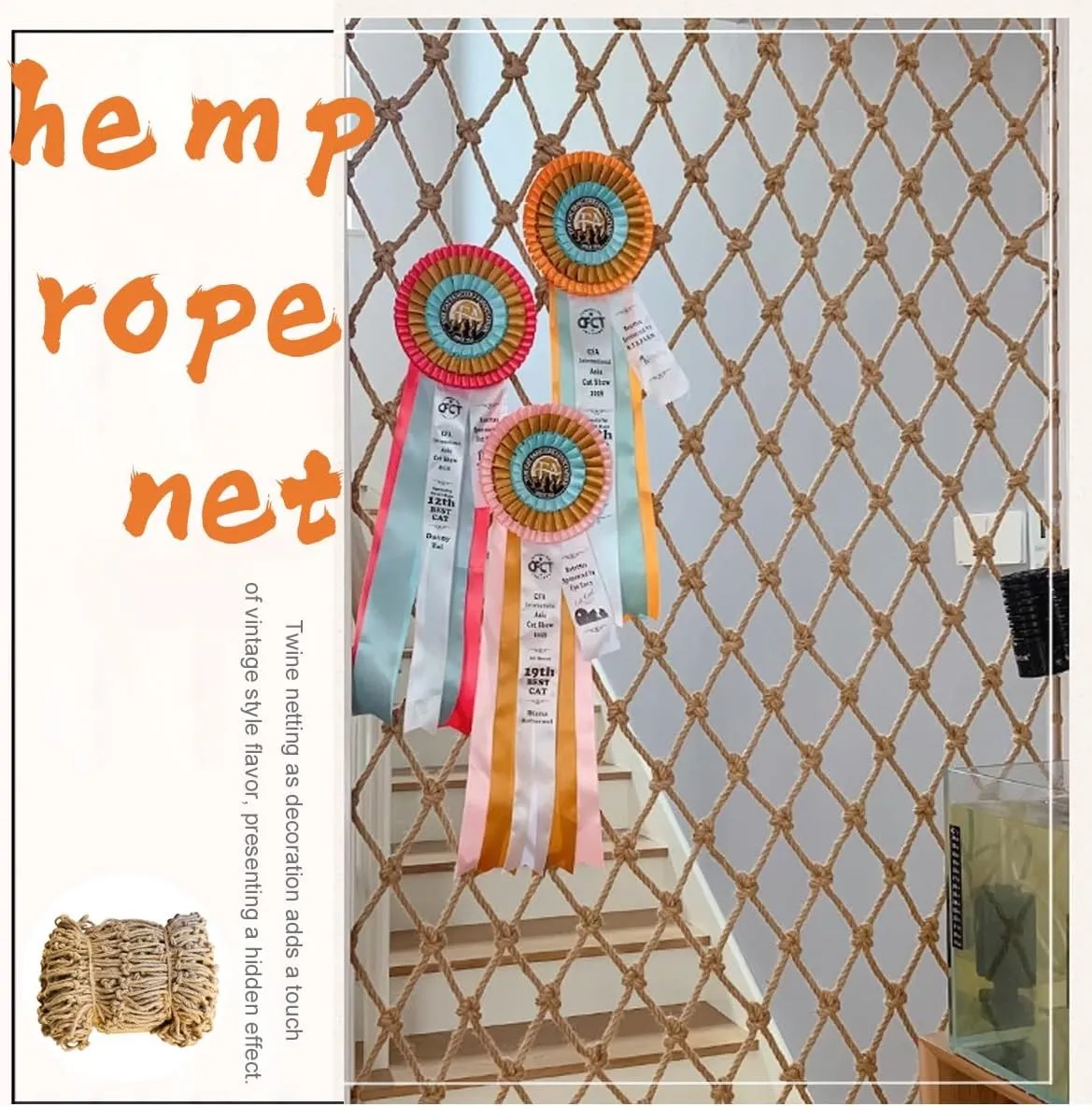 Natural Jute Hemp Rope Net,Indoor and Outdoor Decorations for Parties,Cafes,Living Rooms,Gardens,Reusable Plant Climbing Netting(4Mx4M)