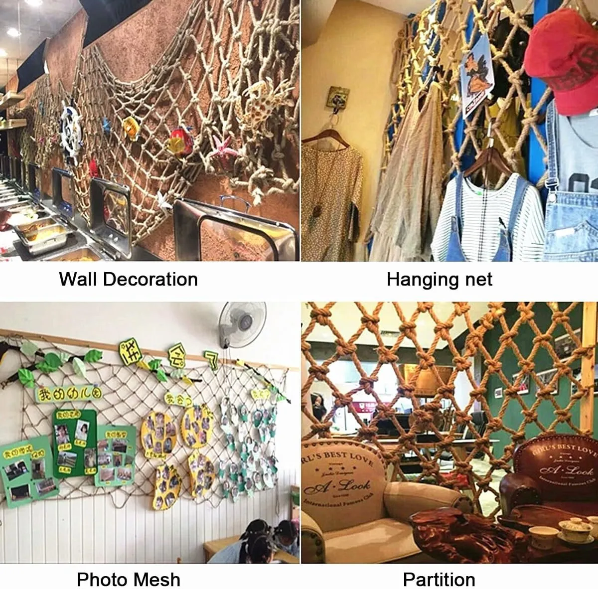 Natural Jute Hemp Rope Net,Indoor and Outdoor Decorations for Parties,Cafes,Living Rooms,Gardens,Reusable Plant Climbing Netting(4Mx4M)