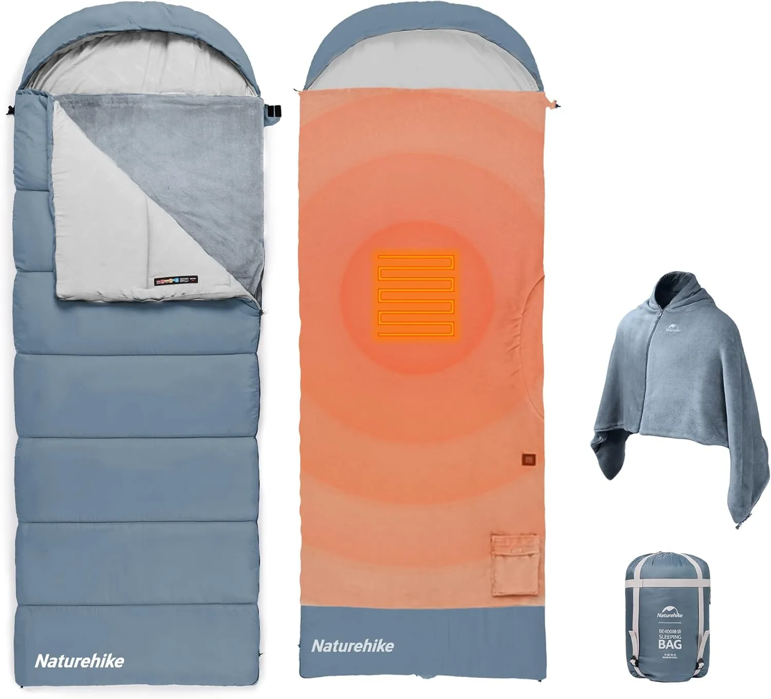 Naturehike Cold Weather Heated Sleeping Bags for Adults, 0 Degree Sleeping Bag with Blanket&Cape, Removable Electric Sleeping Bag Liner, USB Heating Pad for Backpacking, Camping, Home&Outdoors