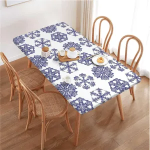 Navy Blue White Elastic Fitted Picnic Table Cover Old Fashioned Motifs Water Resistant, Windproof Table Protector for Dining Room Table Blue and White Fits up 5 Foot Tables