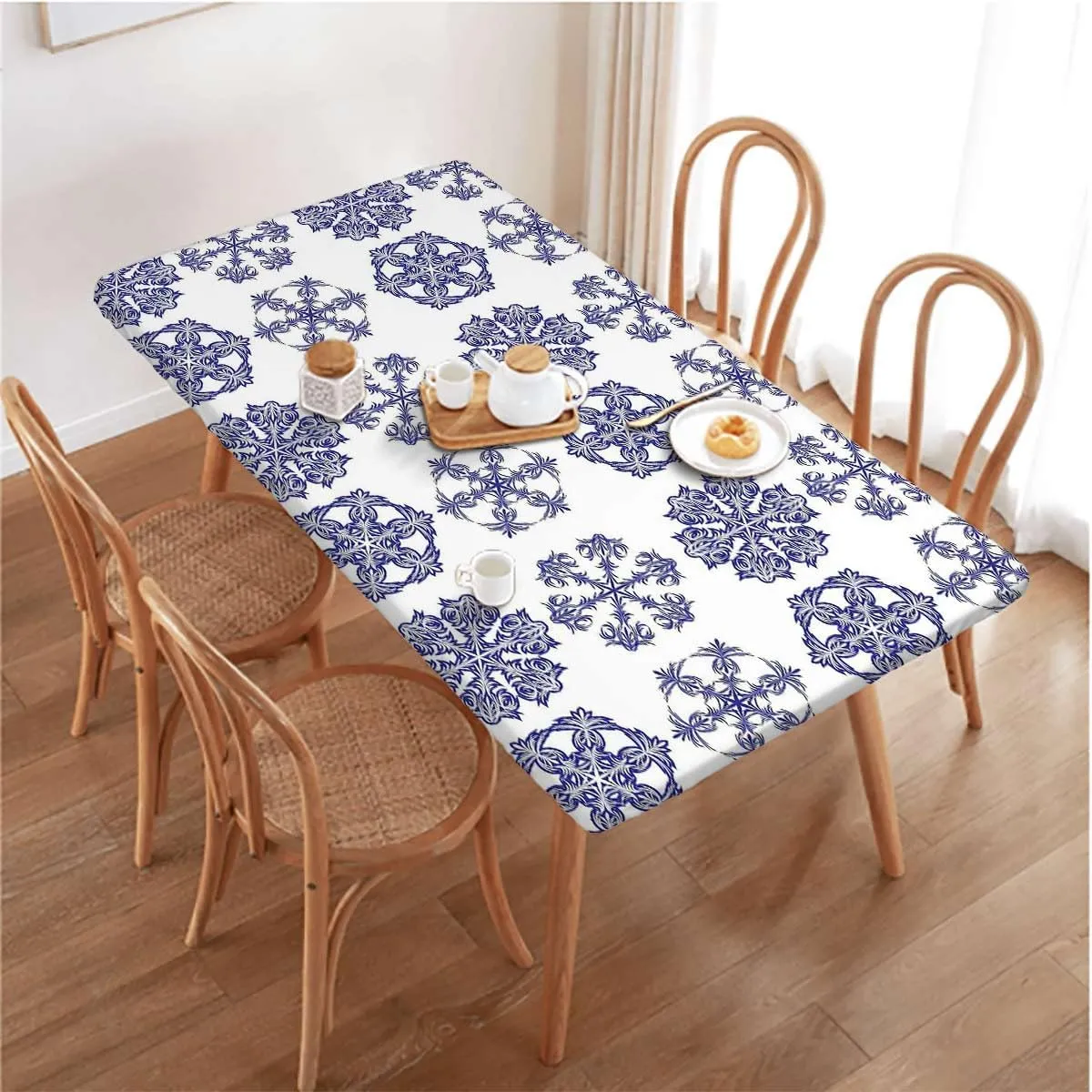 Navy Blue White Elastic Fitted Picnic Table Cover Old Fashioned Motifs Water Resistant, Windproof Table Protector for Dining Room Table Blue and White Fits up 5 Foot Tables