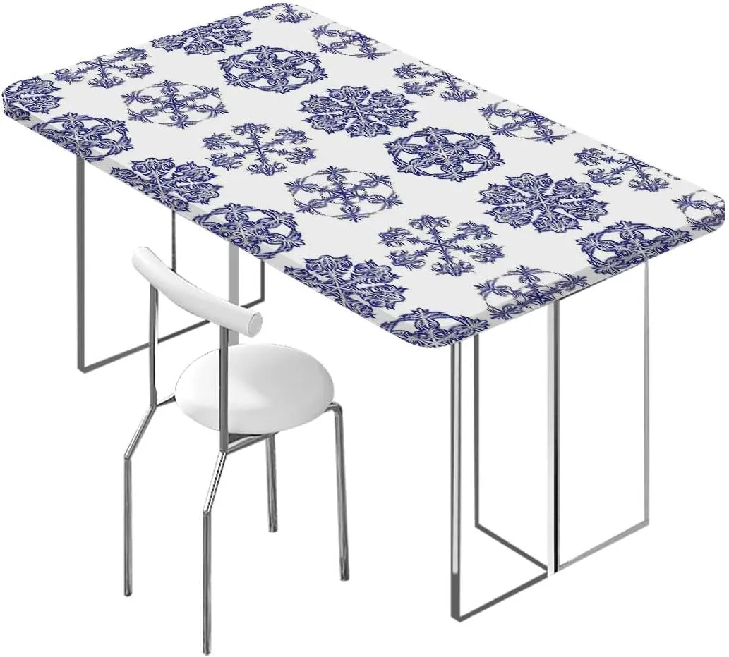 Navy Blue White Elastic Fitted Picnic Table Cover Old Fashioned Motifs Water Resistant, Windproof Table Protector for Dining Room Table Blue and White Fits up 5 Foot Tables